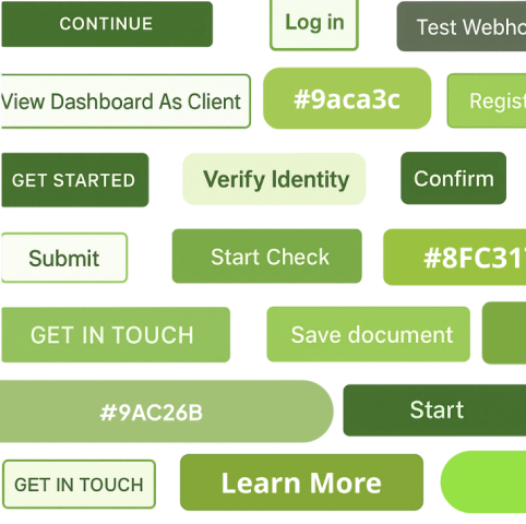 Collage of many inconsistent green button styles—mixed type, radii, and shades—used across separate products.