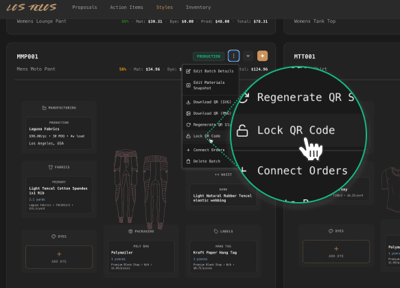 Styles overview showing multiple production batches (Womens Lounge Pant, Mens Moto Pant, Womens Tank Top), each with manufacturing, fabrics, dyes, and trim details. A zoomed callout highlights the 'Lock QR Code' action — the moment a batch becomes an immutable record.