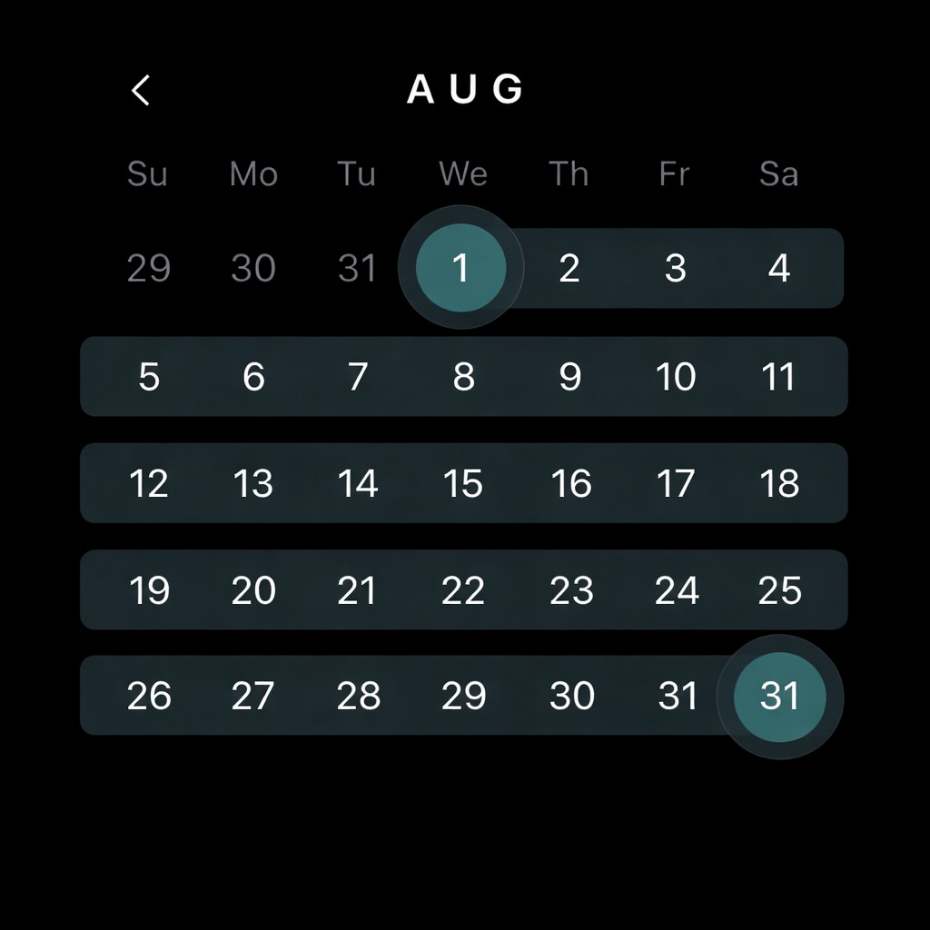 Date range picker UI: dark theme, August range selected.